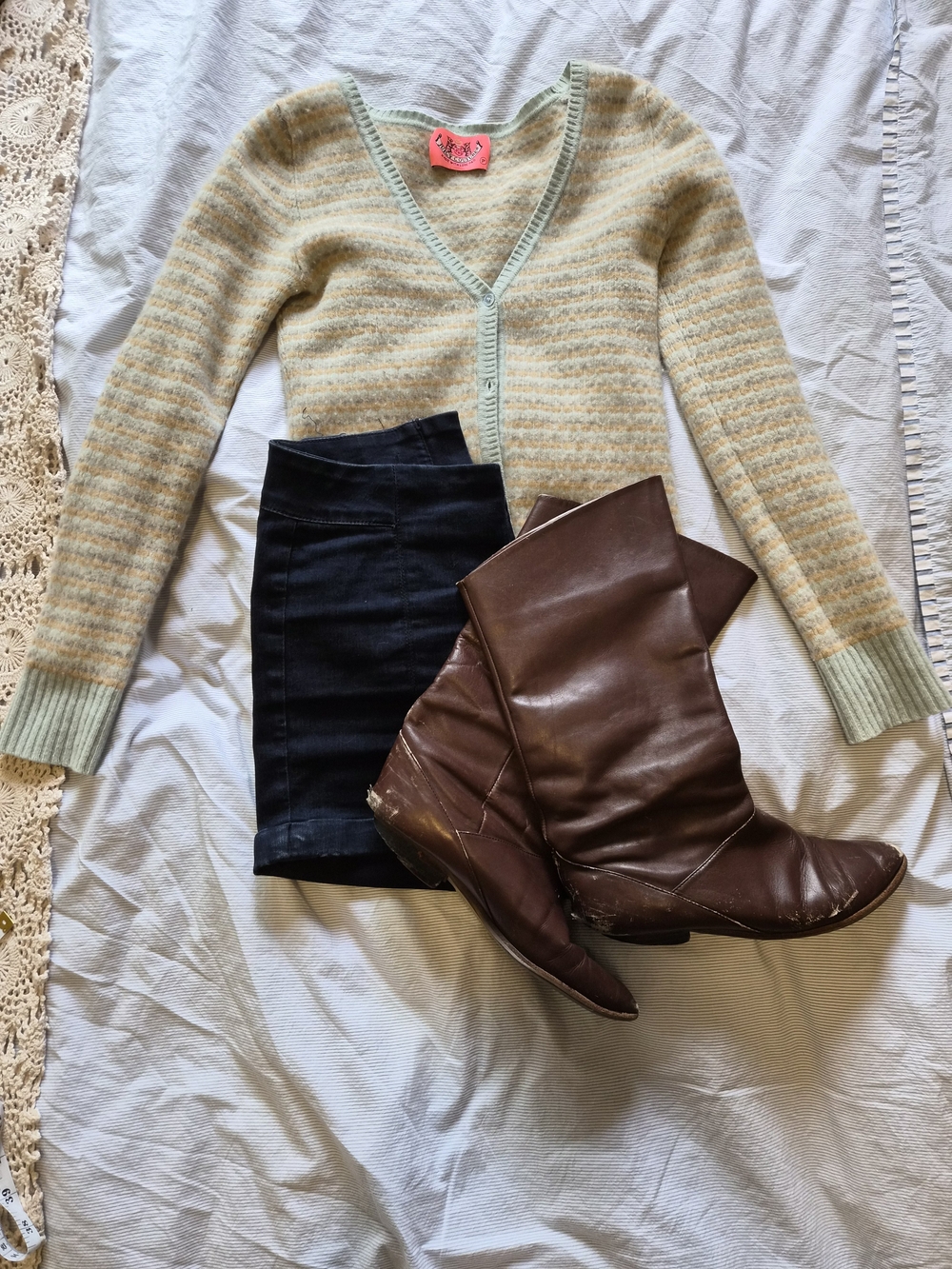 Juicy Couture Mint & Beige Striped V-Neck Cardigan